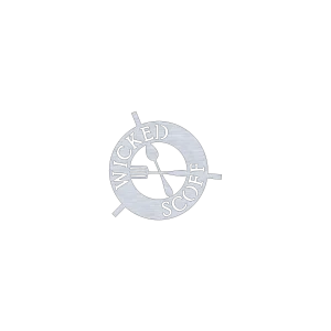 Circular trivet made from 1/8-inch aluminum with 'Wicked Scoff' phrase cut out. Central design features a fork and spoon crossing. The trivet is displayed on a black background, showcasing its intricate laser-cut detailing and sturdy construction.